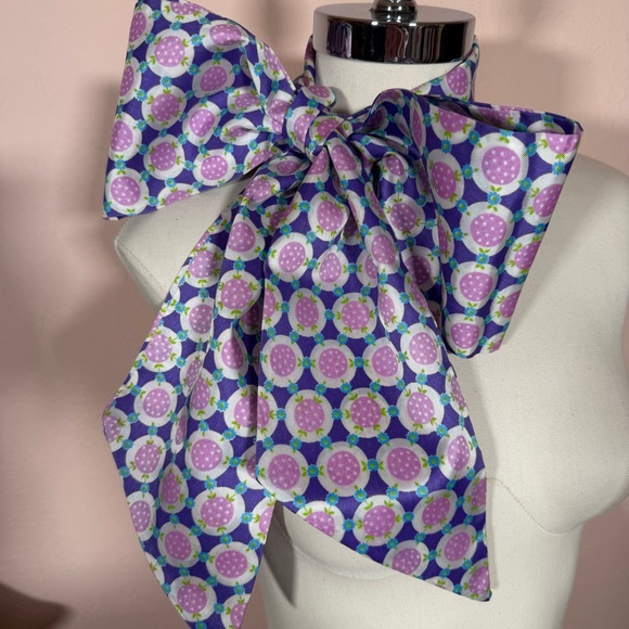 Vintage 1960 70’s purple polka dot daisy Oversized Long skinny Bow Neck Scarf - Picture 1 of 16